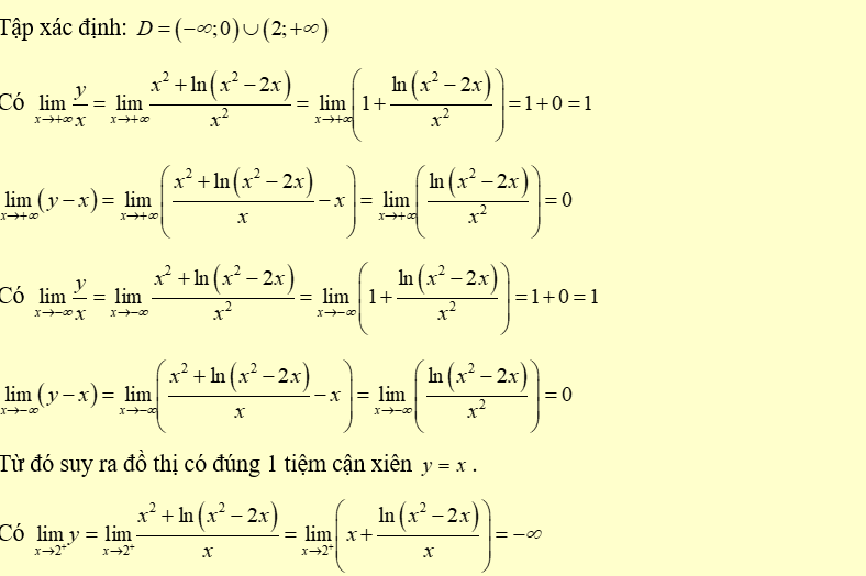 Tổng số tiệm cận (đứng, ngang, xiên) của đồ thị hàm số y = {{{x^2} + {{ln}( {{x^2} - 2x} {x}là: (ảnh 1)
