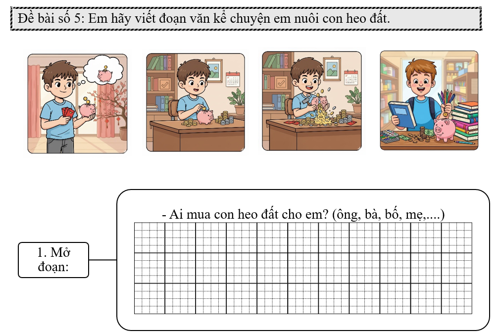 Đề bài số 5: Em hãy viết đoạn văn kể chuyện em nuôi con heo đất.        (ảnh 1)