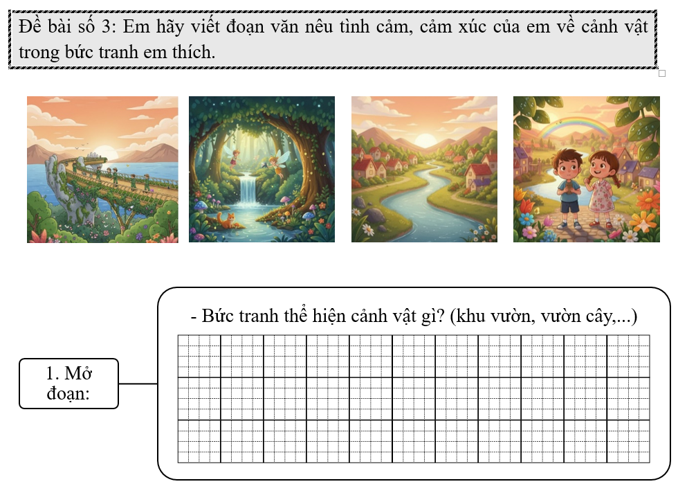 Đề bài số 3: Em hãy viết đoạn văn nêu tình cảm, cảm xúc của em về cảnh vật trong tranh. (ảnh 1)