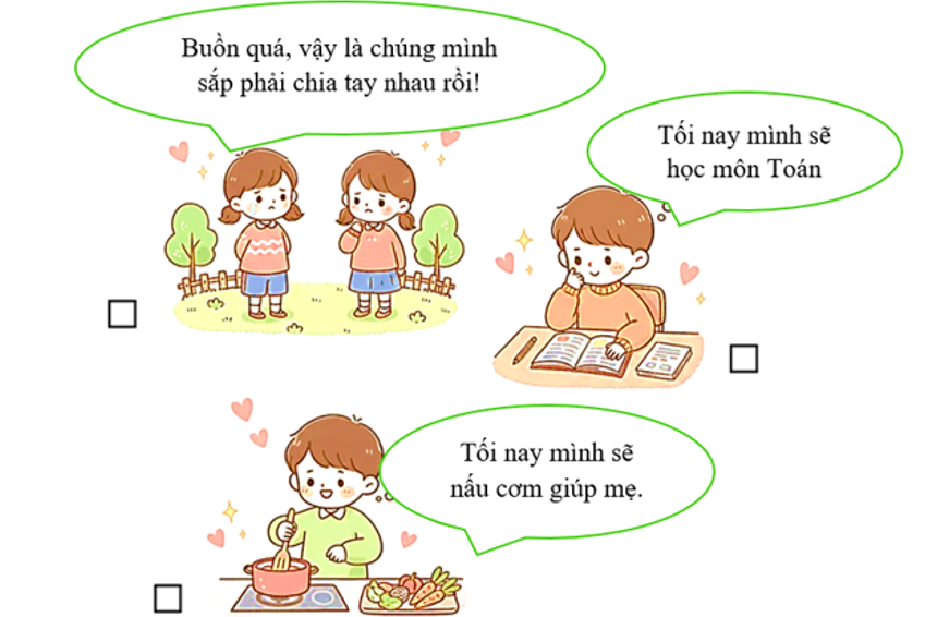 Đánh dấu ☑ vào hình ảnh thể hiện tình cảm của bạn nhỏ khi sắp kết thúc năm học. (ảnh 1)