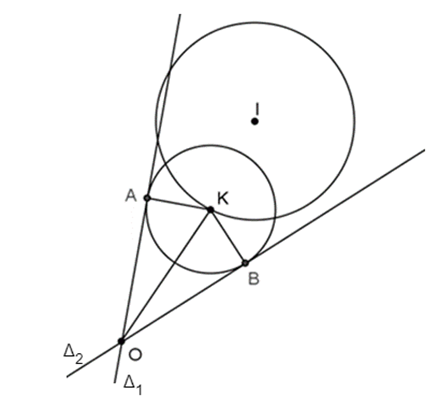 Trong mặt phẳng tọa độ \(Oxy\), cho đường tròn \(\left( C \right):{\left( {x - 2} \right)^2} + {y^2} = \frac{4}{5}\) và hai đường thẳng \({\Delta _1}:x - y = 0,{\Delta _2}:x - 7y = 0\) (ảnh 1)