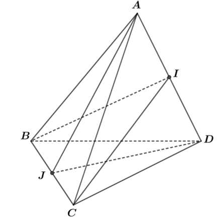Cho tứ diện ABCD. Gọi I,J lần lượt là trung điểm của AD, BC (ảnh 1)