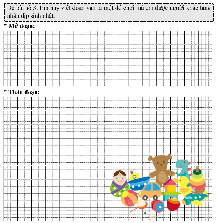 Đề bài số 3: Em hãy viết đoạn văn tả một đồ chơi mà em được người khác tặng nhân dịp sinh nhật. (ảnh 1)