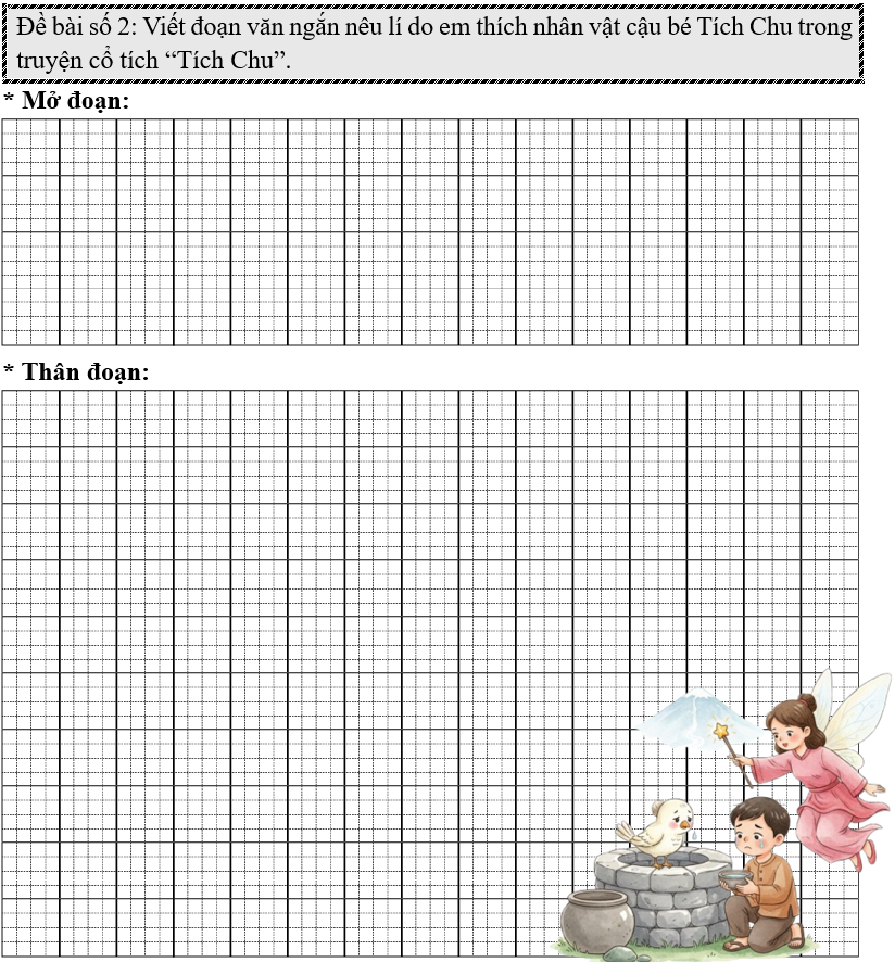Đề bài số 2: Viết đoạn văn ngắn nêu lí do em thích nhân vật cậu bé Tích Chu trong truyện cổ tích “Tích Chu”.   (ảnh 1)