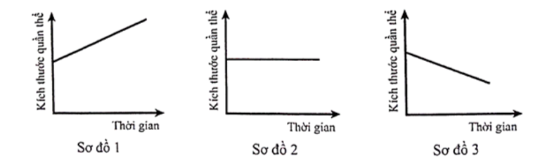 Ba sơ đồ dưới đây mô tả sự biến động của kích thước quần thể theo thời gian trong 3 trường hợp khác nhau (ảnh 1)