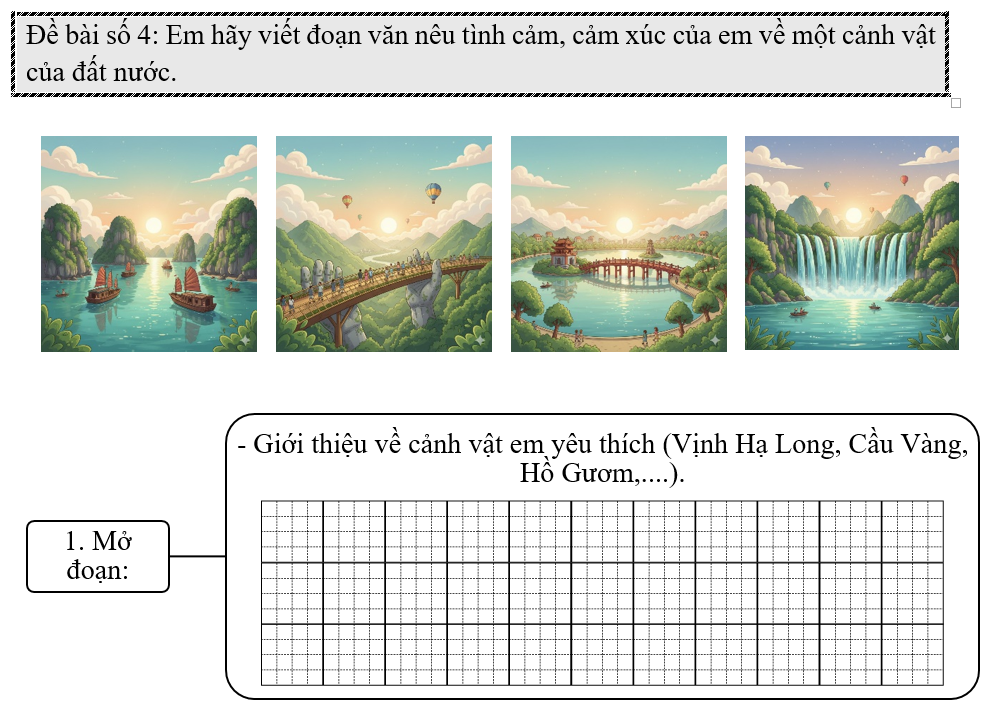 Đề bài số 4: Em hãy viết đoạn văn nêu tình cảm, cảm xúc của em về một cảnh vật của đất nước.   (ảnh 1)