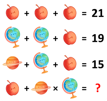 A math game with cartoon apples and globes

Description automatically generated
