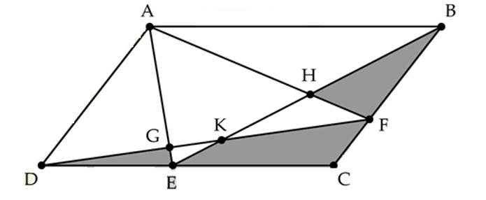Cho hình bình hành ABCD có diện tích bằng 200 cm2. Biết diện tích tam giác HKF (ảnh 1)