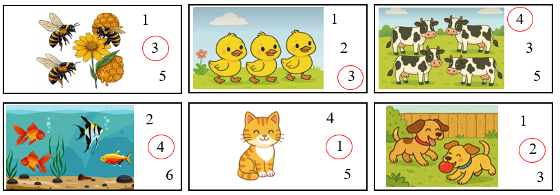 Khoanh vào số thích hợp với số con vật. (ảnh 2)