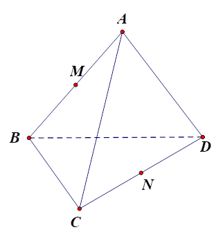 Cho tứ diện ABCD. Gọi M,N lần lượt là trung điểm của AB và CD. Mệnh đề nào dưới đây đúng? (ảnh 1)