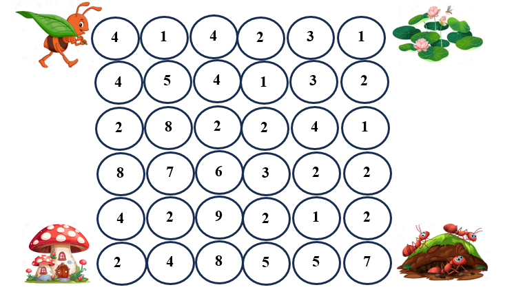 Em hãy giúp kiến về nhà bằng cách tô màu vào các ô có số lơn hơn 45. (ảnh 1)