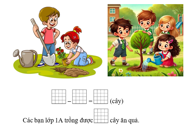 Viết số thích hợp vào ô trống. Các bạn lớp 1A tham gia trồng cây hưởng ứng (ảnh 1)