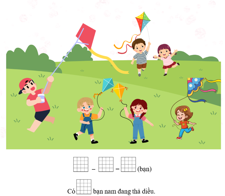 Viết số thích hợp vào ô trống. Có 24 bạn đang chơi thả diều trên bãi cỏ, trong đó có 4 bạn nữ (ảnh 1)