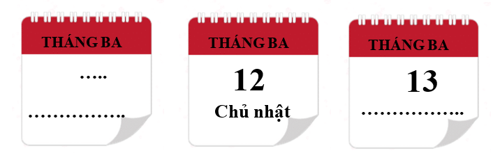 Bạn Hà xé 3 tờ lịch liền nhau và xếp theo thứ tự từ trái sang phải, viết tiếp vào chỗ chấm cho thích hợp. (ảnh 1)