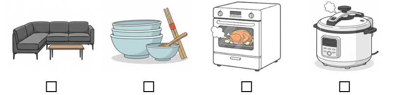 b) Đánh dấu ☑ vào những món đồ xuất hiện ở phòng bếp. (ảnh 1)