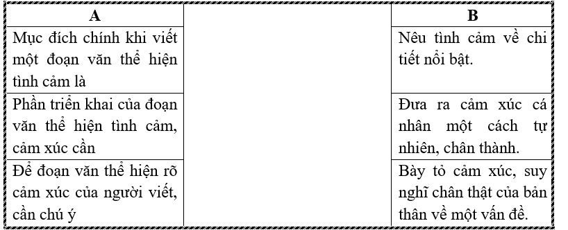 i) Nối: Mục đích chính khi viết một đoạn văn thể hiện tình cảm là (ảnh 1)