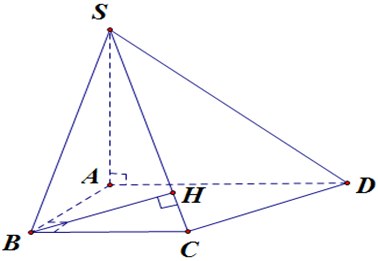 Cho hình chóp S.ABCD có SA vuông góc với mặt phẳng (ABCD), ABCD là hình thang vuông có đáy lớn AD gấp đôi đáy nhỏ BC, đồng thời đường cao AB = BC = a. (ảnh 1)