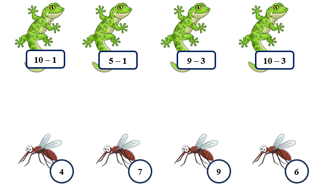 Em hãy giúp các chú tắc kè tìm ra thức ăn của mình bằng cách thực hiện đúng phép tính và nối: (ảnh 1)
