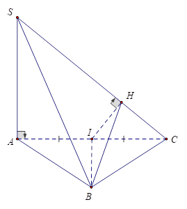 Cho hình chóp S.ABC có đáy ABC là tam giác cân tại B, cạnh bên vuông góc với đáy, I là trung điểm AC , H là hình chiếu của I lên SC . Khẳng định nào sau đây đúng? (ảnh 1)