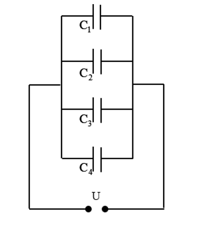 Bộ tụ ghép song song như sơ đồ hình vẽ gồm: C1 = 3μF; C2 = 6μF; C3 = 12μF và C4 = 24μF. Hiệu điện thế hai đầu đoạn mạch là U = 18V. Điện tích tổng cộng của bộ tụ là (ảnh 1)