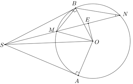 Cho đường tròn ( {O;R}  và một điểm \(S\) nằm bên ngoài đường tròn. Kẻ các tiếp tuyến (ảnh 2)