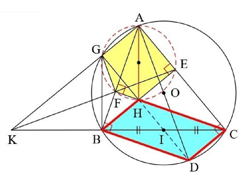 Cho tam giác nhọn ABC nội tiếp đường tròn (O) có \(AB < AC,\) các đường cao (ảnh 1)