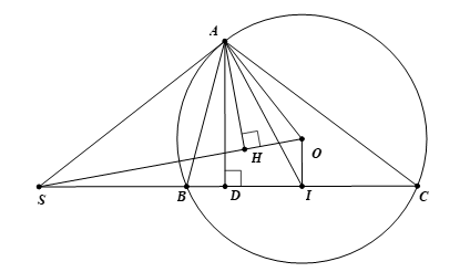 Cho tam giác \(ABC\) có ba góc nhọn (\(AB < AC\)), nội tiếp đường tròn \(\left( O \right)\). Tiếp tuyến (ảnh 2)
