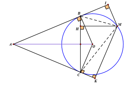 Cho đường tròn (O) tâm \[O\] bán kính \[R\] và điểm nằm ngoài đường tròn. Các tiếp (ảnh 1)