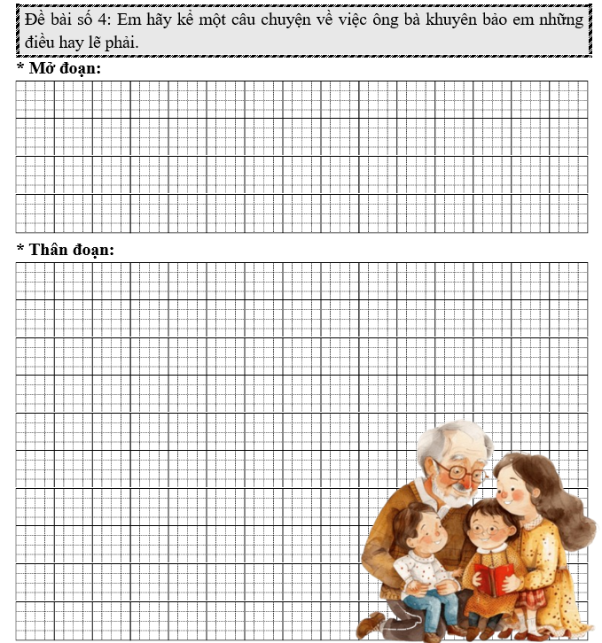 Đề bài số 4: Em hãy kể một câu chuyện về việc ông bà khuyên bảo em những điều hay lẽ phải.     (ảnh 1)