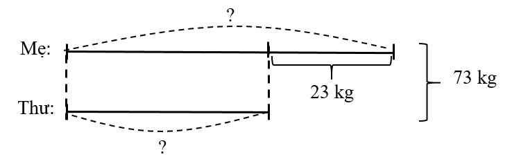Tổng cân nặng của mẹ và Thư và mẹ là 73 kg. Biết mẹ nặng hơn Thư 23 kg. Hỏi mẹ cân nặng (ảnh 1)