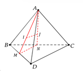 Cho tứ diện ABCD, gọi lần lượt là trung điểm của BD, BC (ảnh 1)