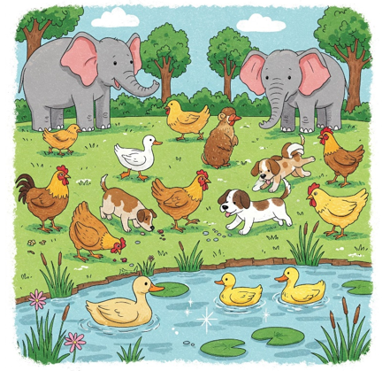 Số?   Có …… chú chó             Có …… con voi               Có …… con vịt (ảnh 1)