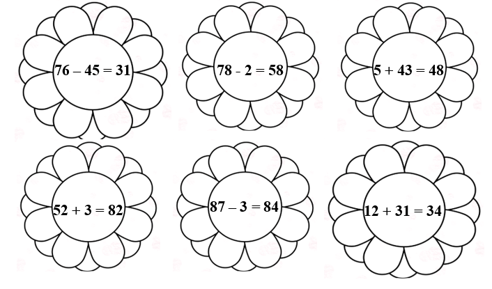 Tô màu vàng cho bông hoa ghi phép tính đúng, tô màu xanh cho bông hoa ghi phép tính sai. (ảnh 1)