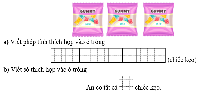 Viết số thích hợp vào ô trống: An có 3 gói kẹo, mỗi gói có 12 chiếc kẹo. Hỏi An có tất cả bao nhiêu chiếc kẹo? (ảnh 1)