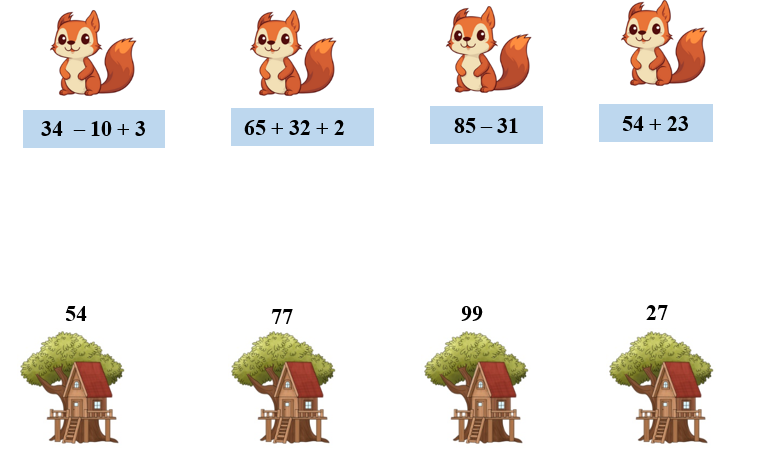 Tính rồi nối để tìm tổ cho mỗi chú sóc: (ảnh 1)