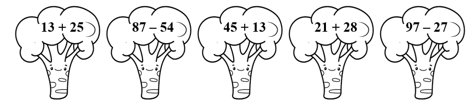 Em hãy tô màu vào bông cải có tổng nhỏ hơn 50: (ảnh 1)