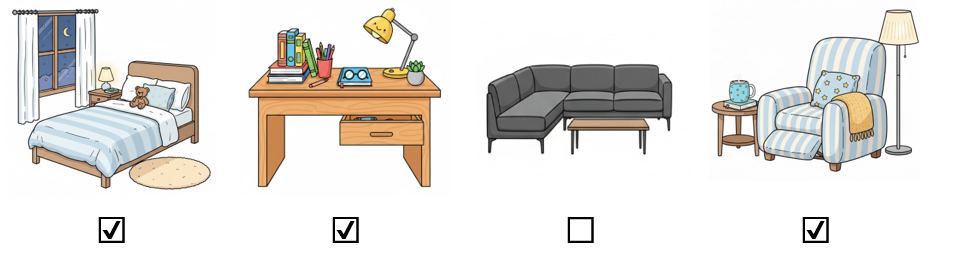 c) Đánh dấu ☑ vào những món đồ xuất hiện ở phòng ngủ. (ảnh 2)