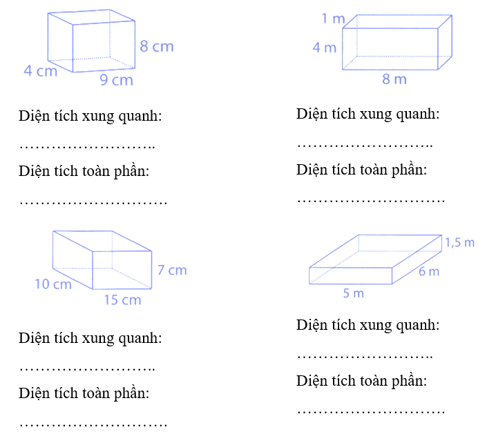 Tính diện tích xung quanh và diện tích toàn phần của các hình hộp chữ nhật sau rồi ghi kết quả vào chỗ chấm: (ảnh 1)