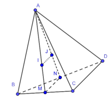 Cho tứ diện ABCD. Gọi (I,J) lần lượt là trọng tâm của các tam giác ABC và ABD (ảnh 1)