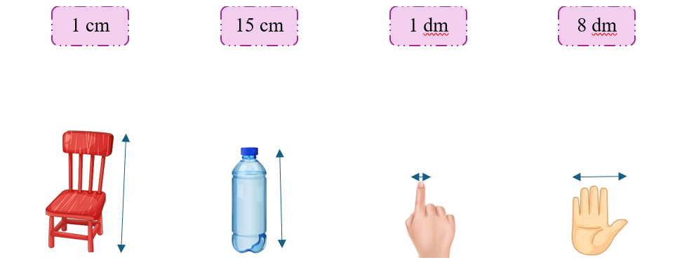 Ước lượng độ dài rồi nối với thẻ ghi số đo thích hợp: (ảnh 1)