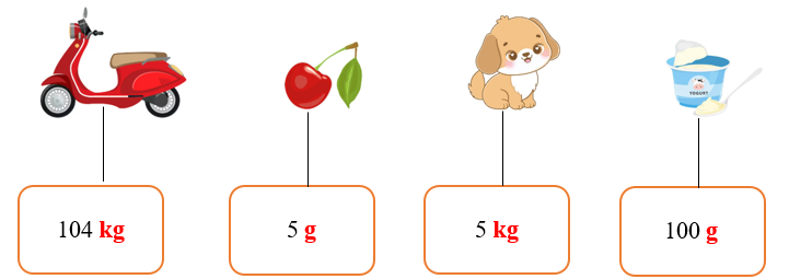 Chọn đơn vị đo khối lượng (g, kg) vào ô trống cho thích hợp: (ảnh 2)