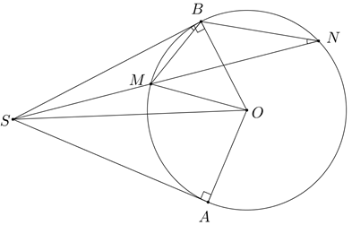 Cho đường tròn ( {O;R}  và một điểm \(S\) nằm bên ngoài đường tròn. Kẻ các tiếp tuyến (ảnh 1)
