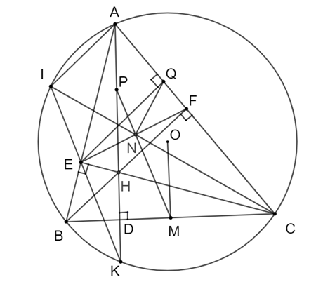 Cho \(\Delta ABC\)c&oacute; ba g&oacute;c nhọn nội tiếp đường tr&ograve;n \(\left( {O;R} \right)\). C&aacute;c đường cao (ảnh 1)