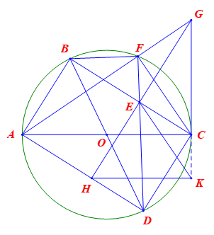 Cho đường tròn \((O)\) có hai đường kính \(AC,\,\,BD\) (\(A\)khác \(B,\,D\)). Trên đoạn thẳng (ảnh 1)