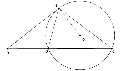 Cho tam giác \(ABC\) có ba góc nhọn (\(AB < AC\)), nội tiếp đường tròn \(\left( O \right)\). Tiếp tuyến (ảnh 1)