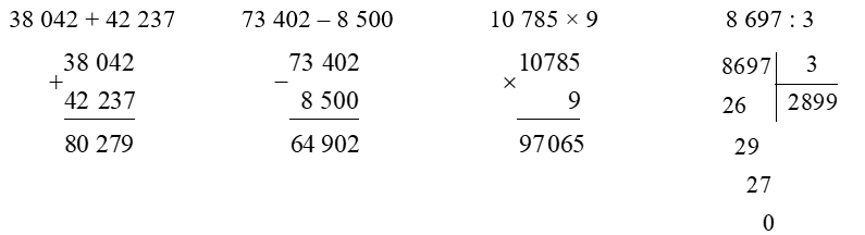Đặt tính rồi tính. (2 điểm) 38 042 + 42 237	73 402 – 8 500	10 785 × 9	8 697 : 3 (ảnh 1)