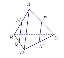 Cho tứ diện ABCD, gọi các điểm M,N,P,Q lần lượt là trung điểm các cạnh AB, CD, AC và BD (ảnh 2)