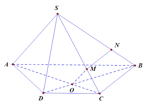 Cho hình chóp S.ABCD có đáy là hình thang đáy lớn AB và AB = 2CD, AC và BD cắt nhau tại O. Gọi M,N là điểm trên cạnh SC,SB sao cho SM = 2MC; SN = 2/3 SB. (ảnh 1)