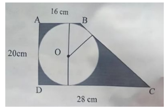 Cho hình thang vuông ABCD và hình tròn tâm O, biết AB = 16 cm; AD = 20 cm; DC = 28 cm (như hình vẽ). (ảnh 2)