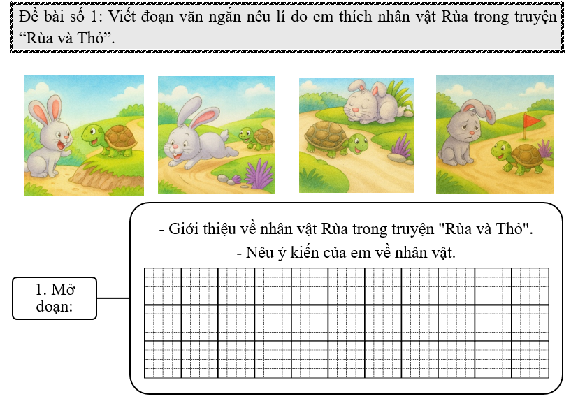 Đề bài số 1: Viết đoạn văn ngắn nêu lí do em thích nhân vật Rùa trong truyện “Rùa và Thỏ”.   (ảnh 1)